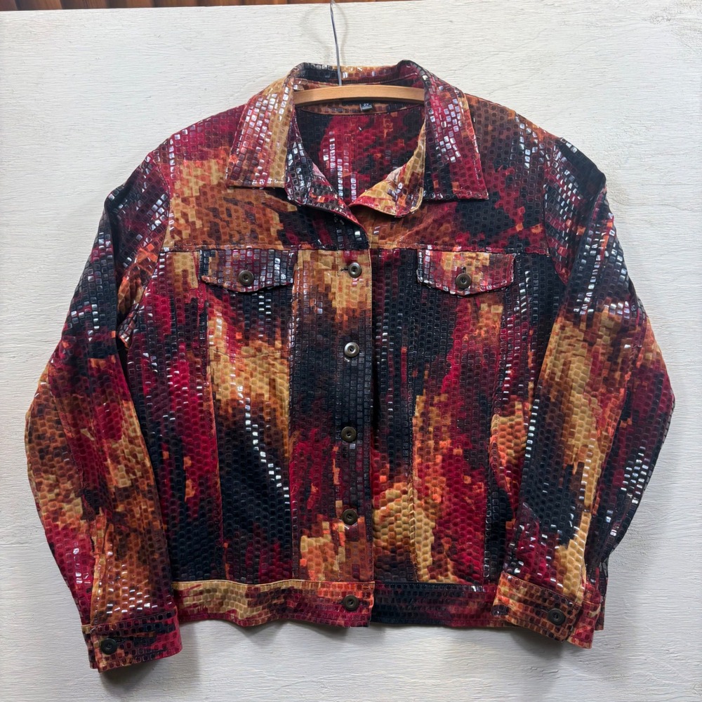 Notations Woman 2X Orange Trucker Abstract Mosaic Jacket Party 90s Y2K Revival